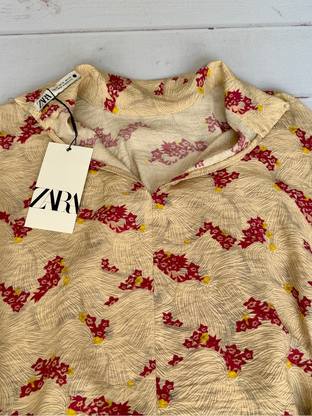 NWT Zara Floral Wrap Tie Blouse Top XS Beige Red Long Sleeve Linen Blend Boho - Picture 5 of 11